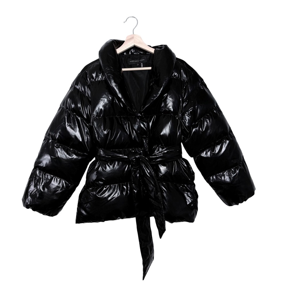 NEW Endless Rose Shiny Black Puffer Jacket Tie Waist Shawl Collar Small